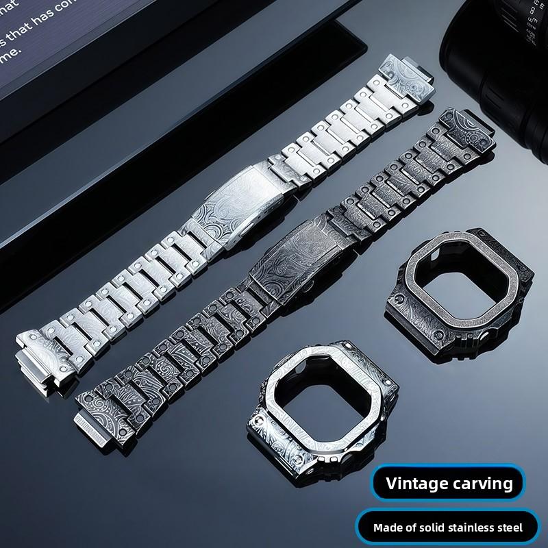DW5600 Retro Stainless Steel Strap Case Mod Kit For Casio DW-5600E GW-M5610 GWB-5600 Men Vintage Paisley Bezel Band Silver Black