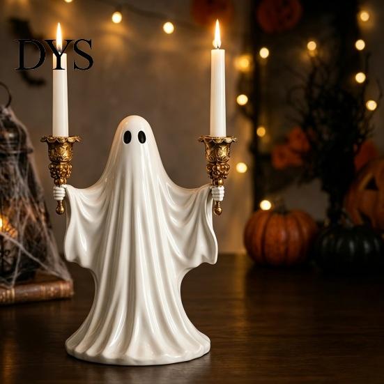 Horror Theme Party Supplies Cute Ghost Candle Holder for Halloween, Resin Tealight Candlestick, Taper Shaped Craft Home Table Decor & Spooky