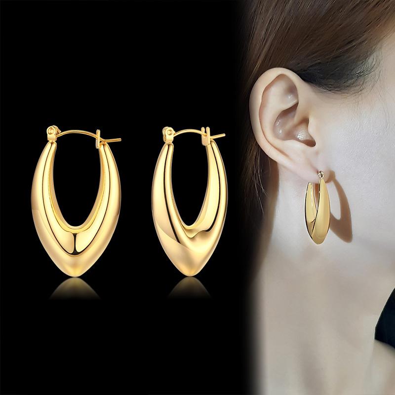 Vnox Women Chic Geometric Hoop Earrings,Gold Color Stainless Steel Big Round Ear Clip Jewelry,Anti Allergy Metal Party Accessory
