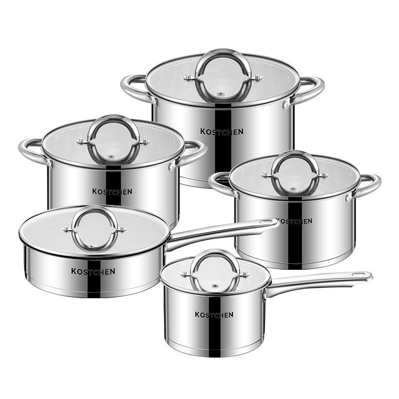 10-Piece Stainless Steel Cookware Set: Frying Pan, Milk Pot, and Double-Bottom Soup Pot.