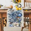 Christmas Blue Poinsettia Ball Berry Linen Table Runner Party Decor Winter Xmas Kitchen Dining Table Runner Christmas Decoration