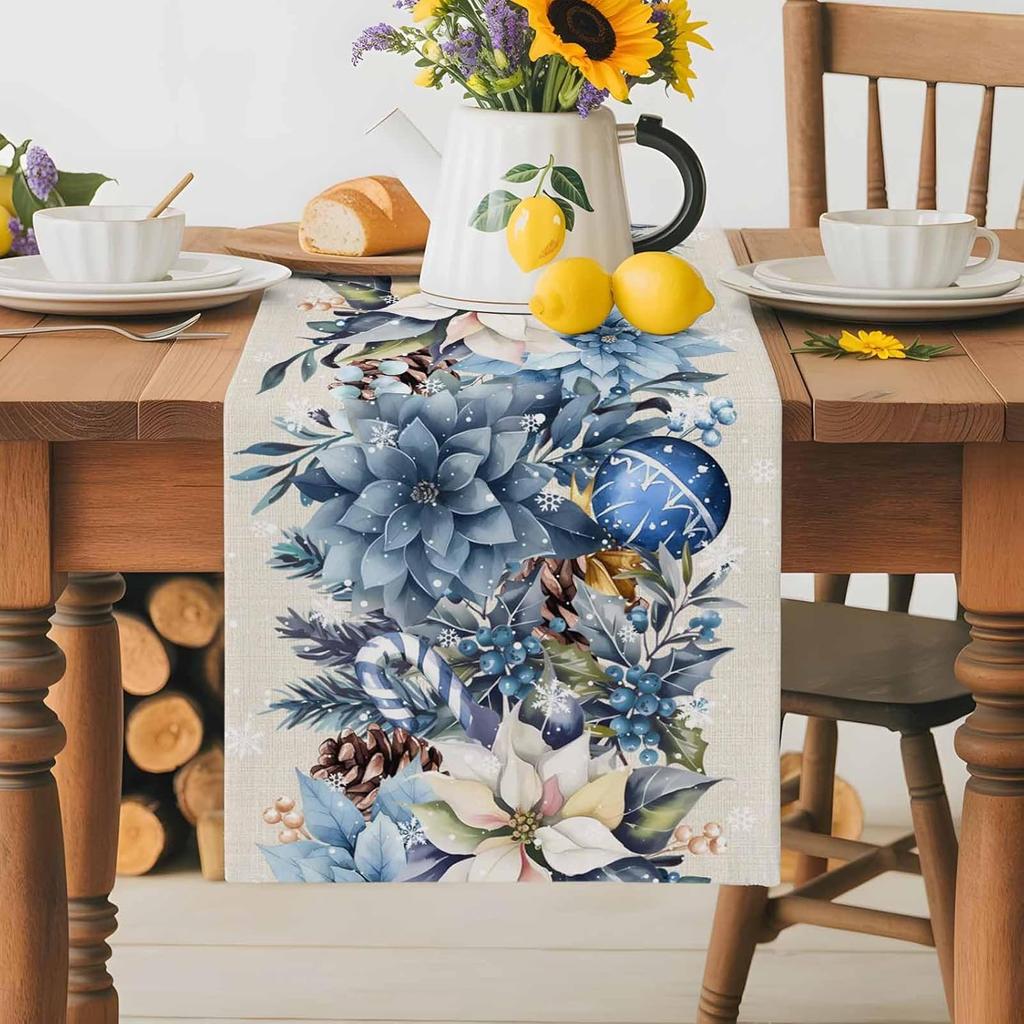 Christmas Blue Poinsettia Ball Berry Linen Table Runner Party Decor Winter Xmas Kitchen Dining Table Runner Christmas Decoration