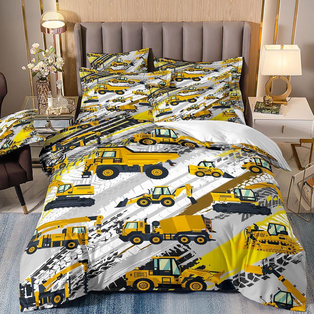 Construction Vehicle Excavator Truck Fire Truck 3D Digital Printing Bed Three-Piece Quilt Kit
