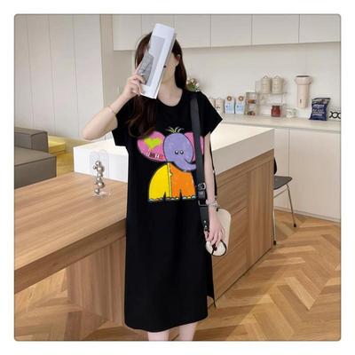 Women's Cartoon Short-sleeved T-shirt Skirt Korean Version of Loose Casual Slimming Flying Sleeve Slit Dress