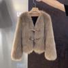 Women's Short Faux Fox Fur Coat Toggle Button Warm Winter Jacket Casual Outerwear
