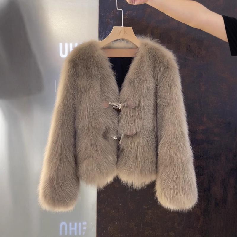 

Women s Short Faux Fox Fur Coat Toggle Button Warm Winter Jacket Casual Outerwear S коричневий