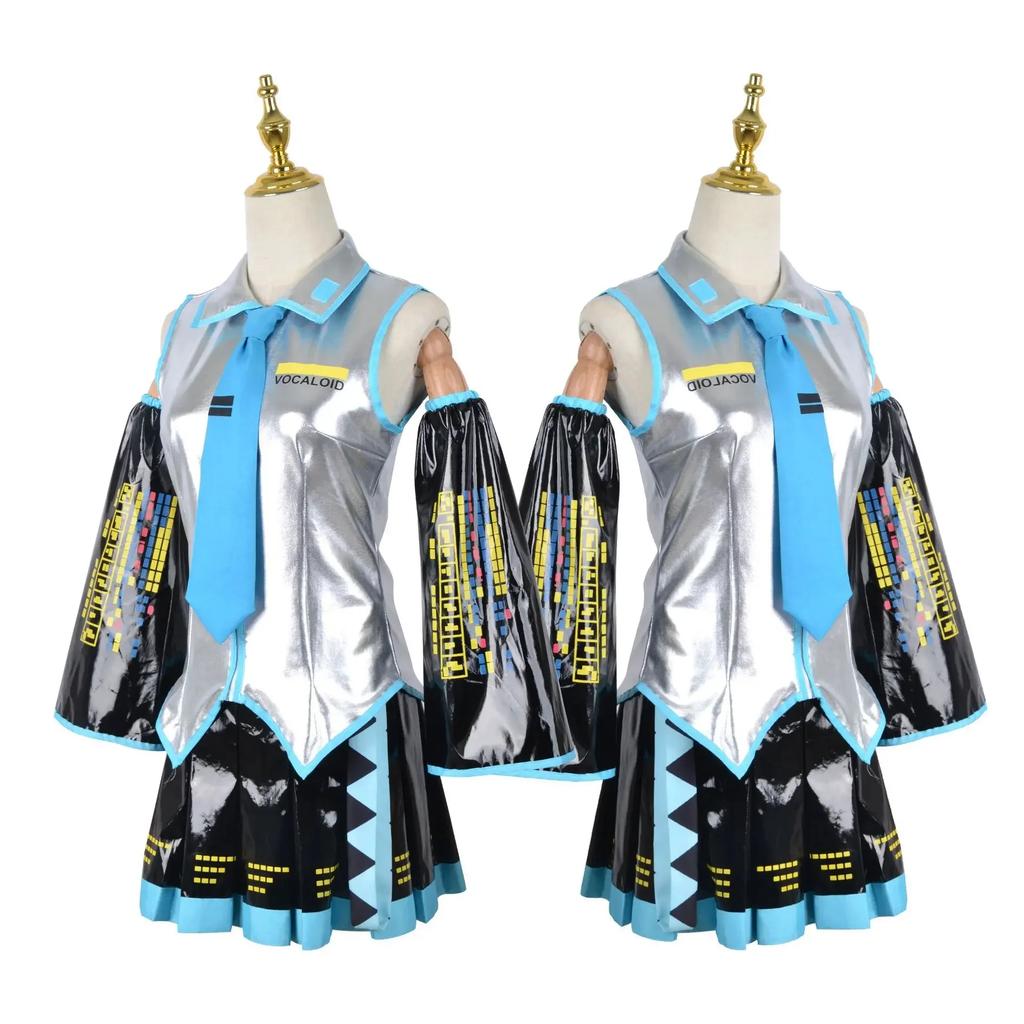 Miku Cosplay Full Silver Leather Fabric Costume Miku Cosplay Hats Costume Outfit JK Dress Sailor Uniform High School Uniform