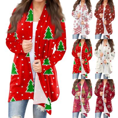 Jachetă cardigan de lungime mijlocie cu imprimeu de Crăciun, la modă pentru femei