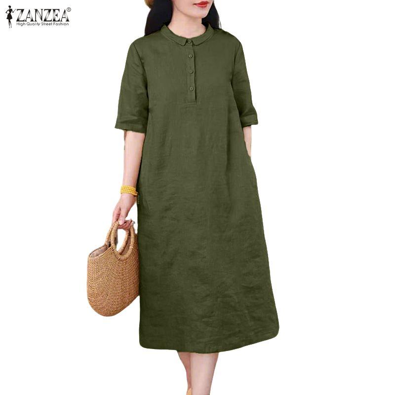 ZANZEA Women Summer Casual Solid Color Loose Short Sleeve Dress