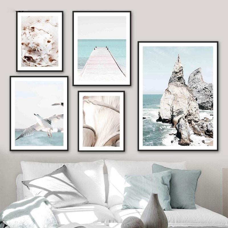 Nordic Posters and Prints For Wall Palm Tree Bird And Dolphin Beach Bridge Wall Art Canvas Painting For Living Room Decor