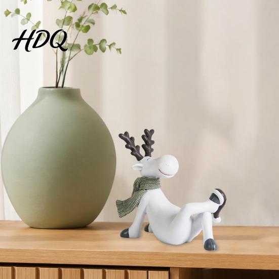 Christmas Shelf Decor Nordic Minimalist Resin Reindeer Figurine with Knitted Scarf Cute Healing Deer Statue Matte White Elegant Elk Statues