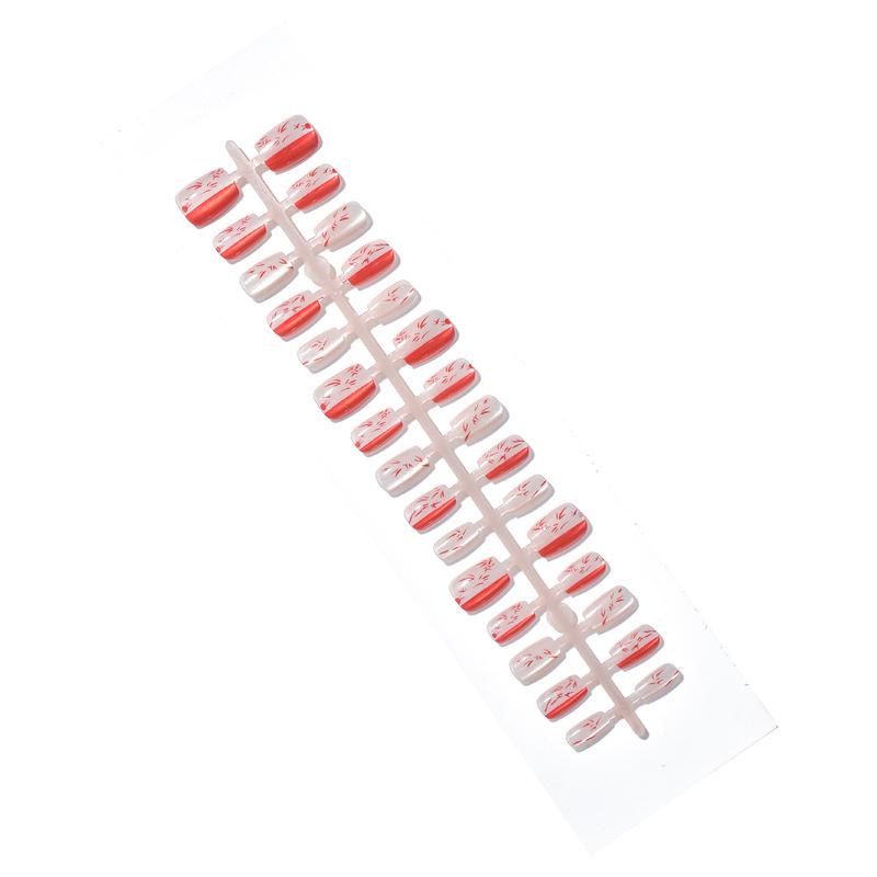 High-End Temperament Red Bamboo Cat Eye False Nails - Short, Wearable Chinese Color Block Nail Art