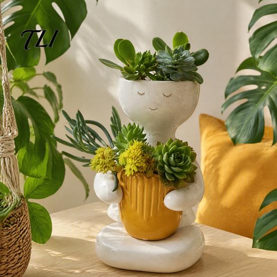 Zen Desktop Flower Pot Smiling Face Plant Pot, Double Planting Space Planter, Cute Resin Holder Sitting Figure Flowerpot for Succulents, Home