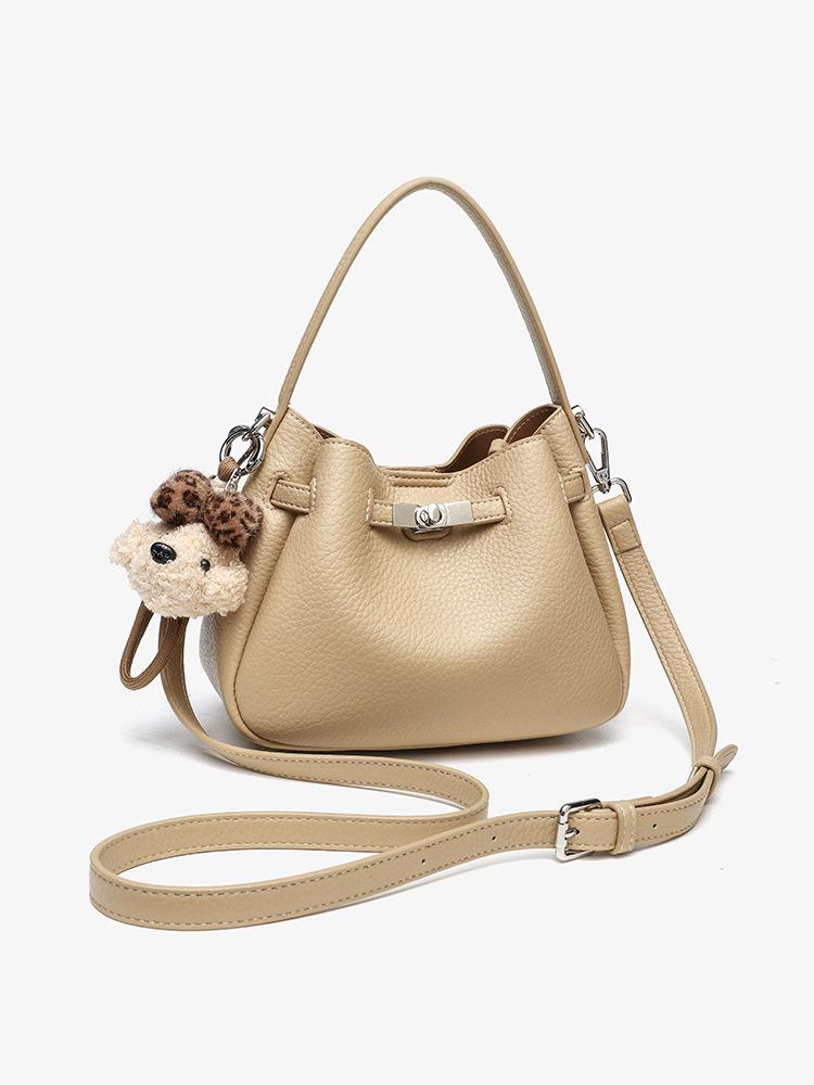 Korean Style Genuine Leather Bucket Bag with Cute Dog Pendant - Versatile Crossbody and Shoulder Bag for Women