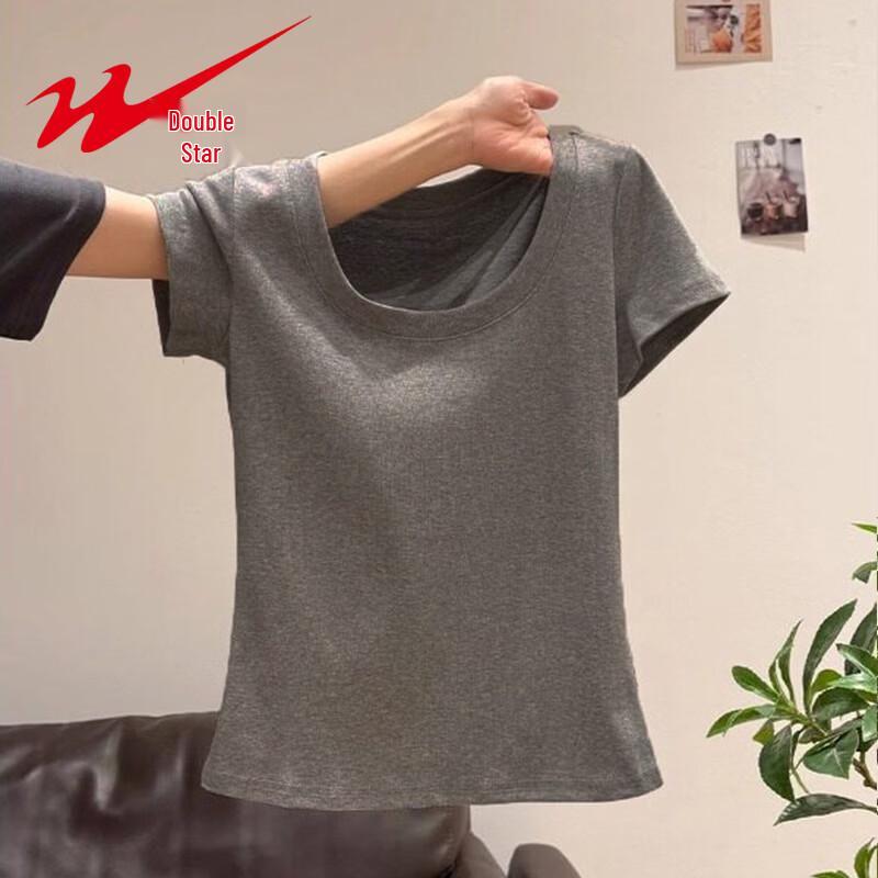 Shuangxing Women's U-Neck Ribbed Short Sleeve Crop T-Shirt