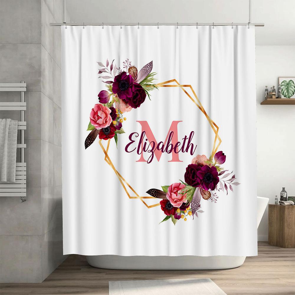 Custom Monogram Shower Curtain Personalized Name Letter Decorative Wedding Gift for Bride's Bathroom Flower Design with Gold Out