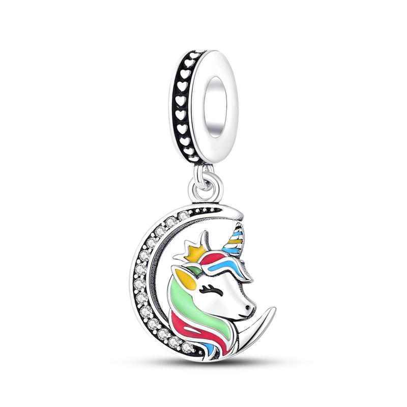 S925 Silver  Rainbow Seven Heart Shaped Pony Unicorn Pendant Necklace Jewelry