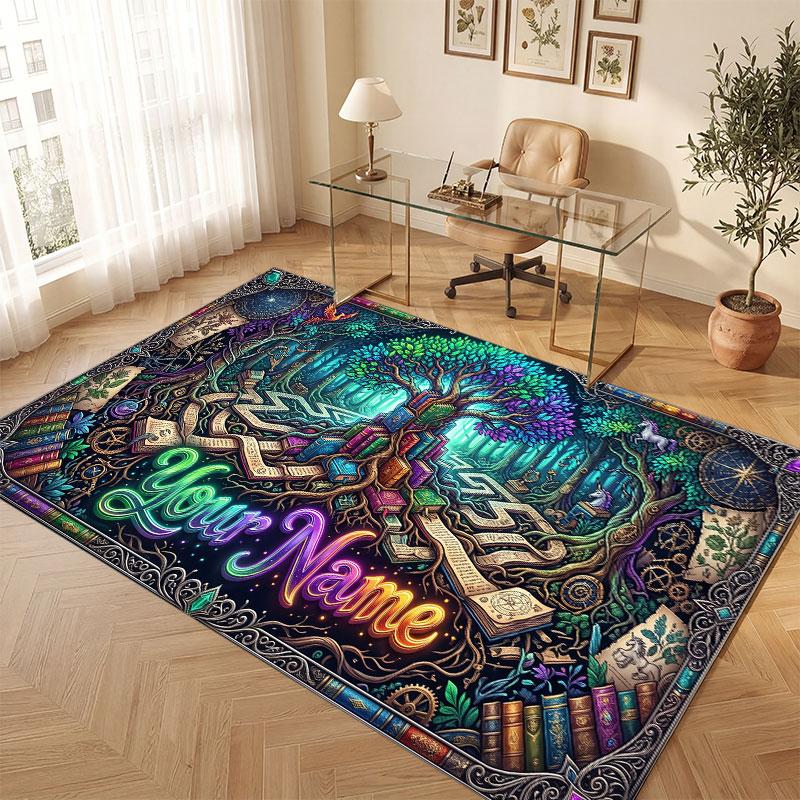 Mushroom Forest Theme Crystal Velvet Floor Rug Personalized Custom Name Text Warm Carpet Home Decoration