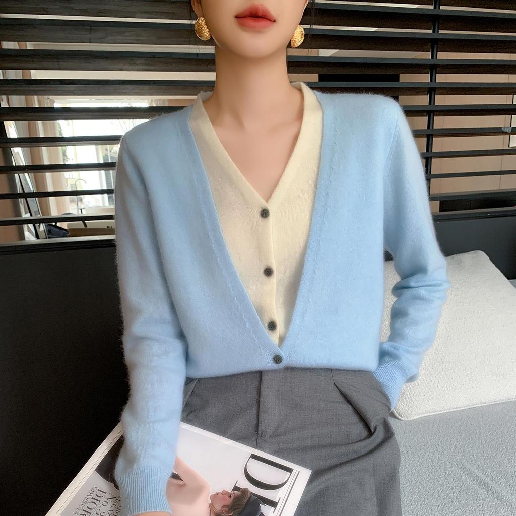 2025 V-neck Button-up Cashmere Knit Cardigan - Korean Style, Loose Fit, Slimming, Fake Two-piece Jacket for Women