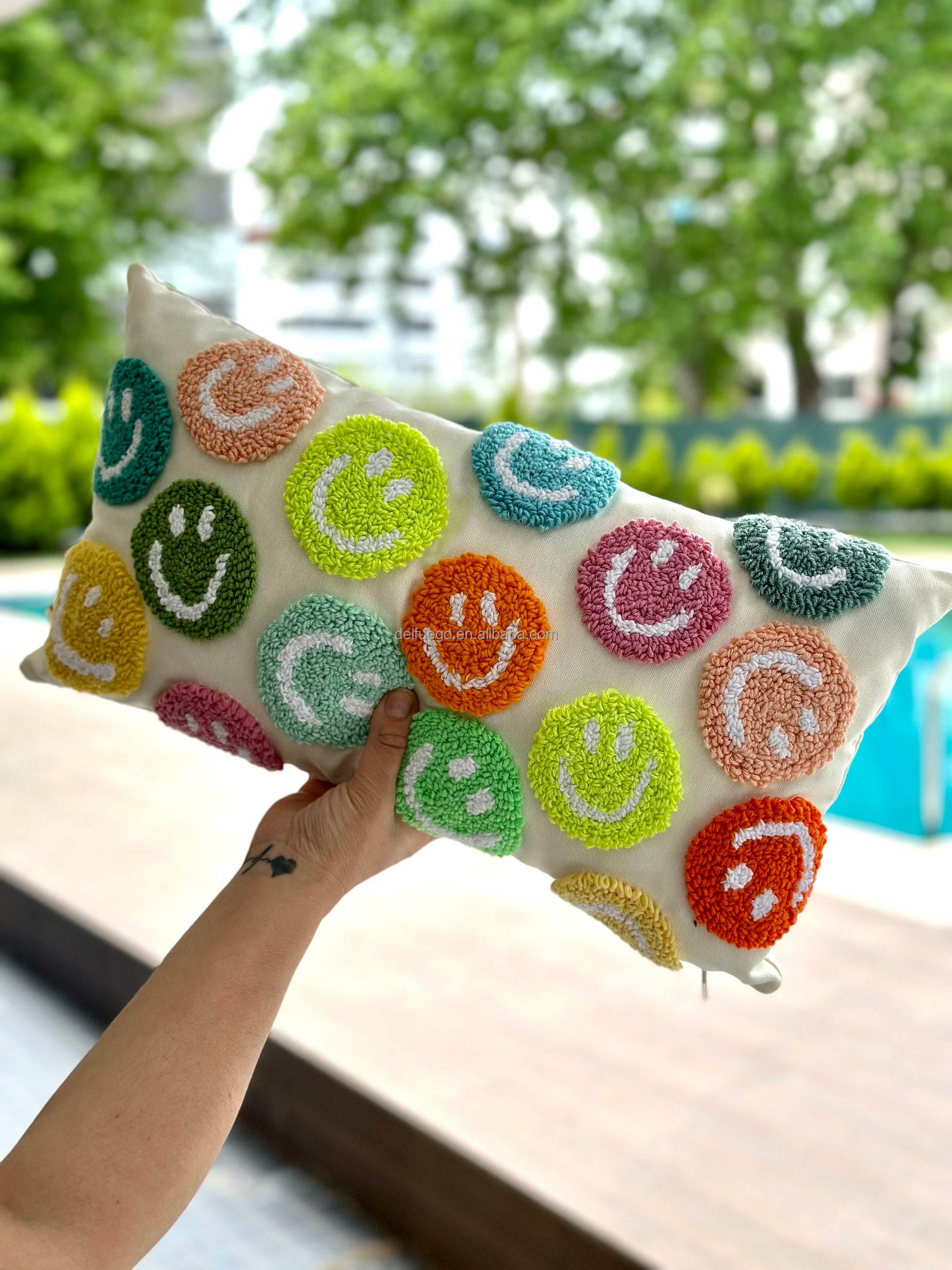 Cute Smile Face Punch Needle Pillow Cover Customized Handmade Gifts for Women 75x35cm