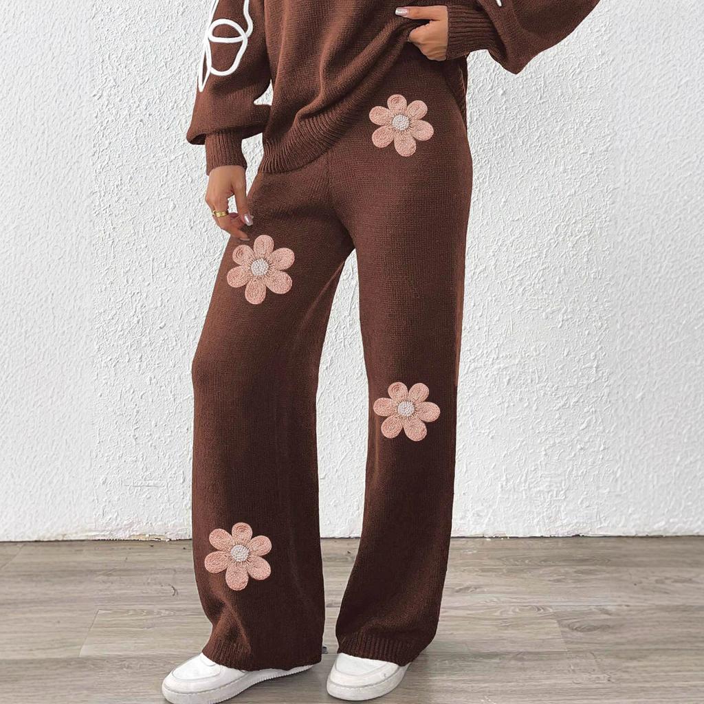 Women's Mid-high Waist Casual Wool Embroidered Flower Beading Fashionable Straight Pants Wide Leg Woven Wool Pants