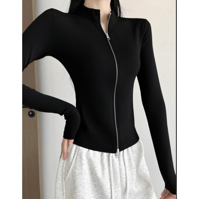 Women s Slim-Fit Zipper Cardigan Top - Cute Short Stand-up Collar Long-Sleeve Petite Outerwear for Early Spring 2026 S чёрный