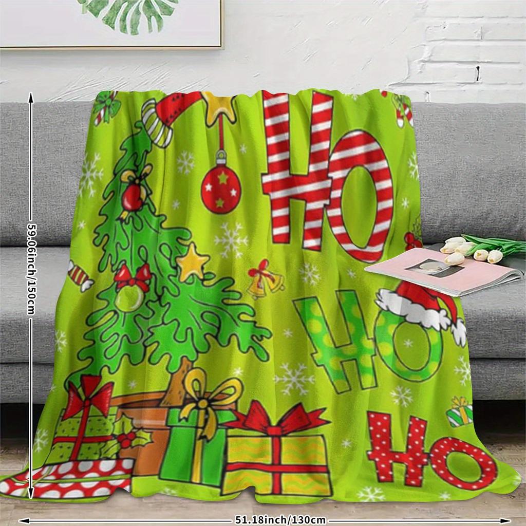Christmas Plaid Flannel Blanket, Red Green HO HO HO Print, Soft Lightweight Throw for Couch Bed, Festive Holiday Decor Gift