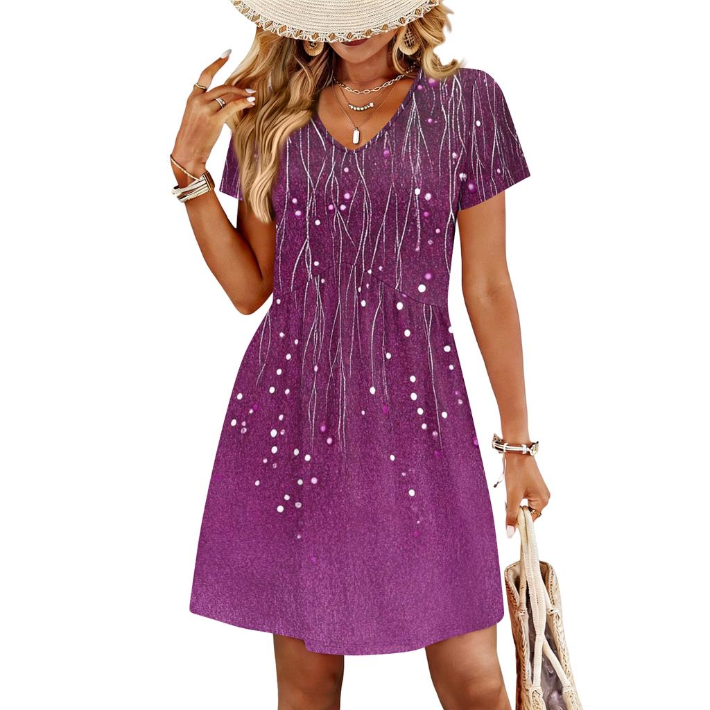 Modisches Damenkleid mit Print, V-Ausschnitt, kurzärmelig, locker, lässig, für den Strandurlaub