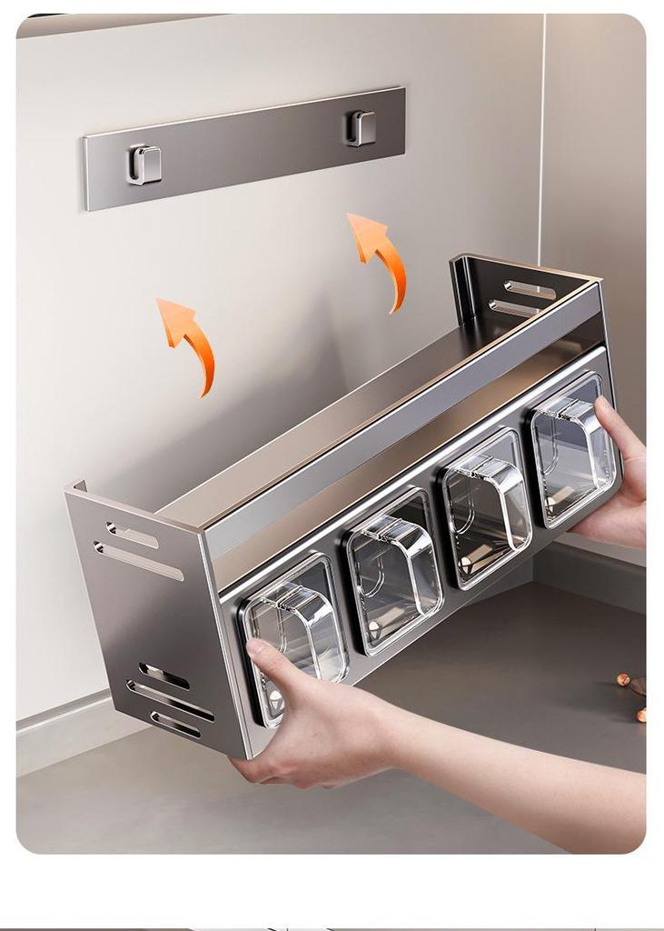 Punch-Free Wall-Mounted Kitchen Seasoning Rack with Jars and Condiment Set