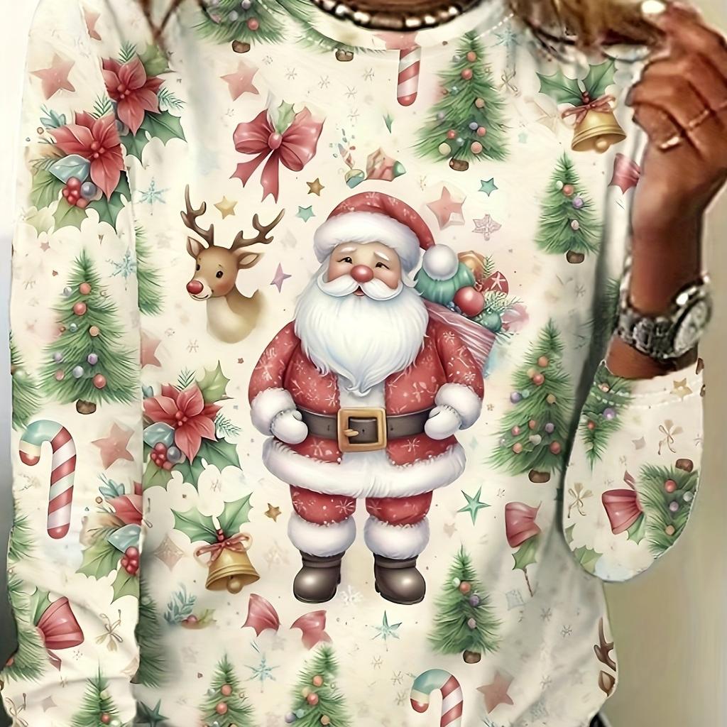 Santa and Christmas Tree Print Women's Fashionable Long-sleeved T-shirt, Printed Long-sleeved Base Shirt, Polyester and Spandex Mixed