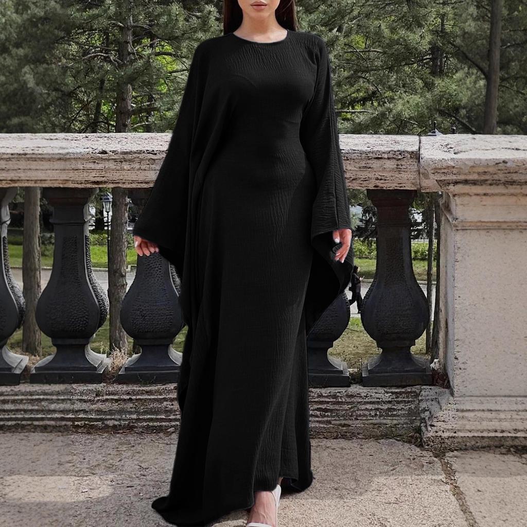Round Neck Wide Flare Sleeve Satin Textured Maxi Dress Elegant Loose Fit Fall Winter Modest Abaya Style Evening Wedding Guest Floor Length Long Gown