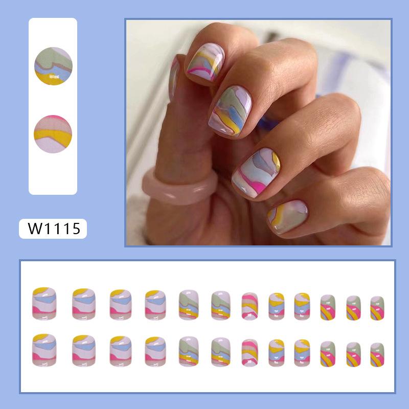 Short square fake nails, colorful coating, European and American painting style, abstract ins style, wearing armor