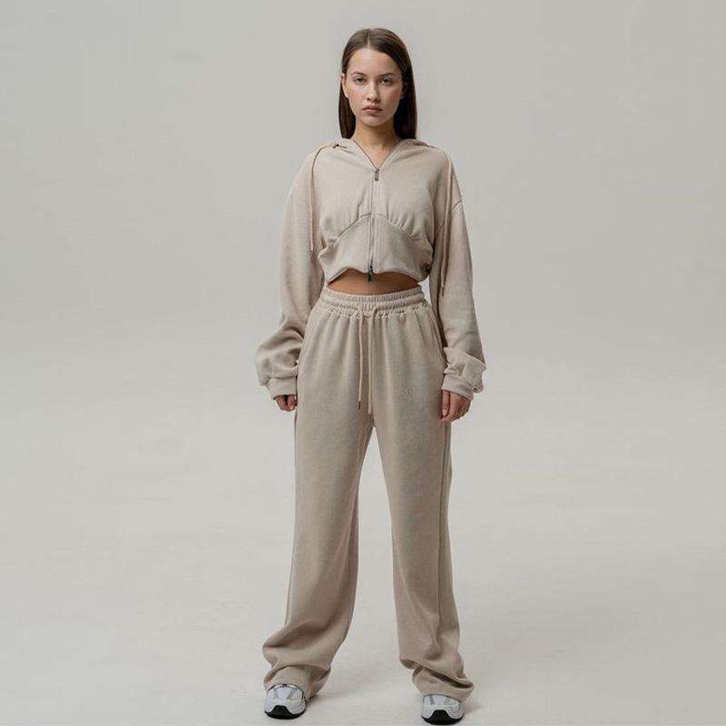 Casual Solid Color Hoodies Pants Set Women Long Sleeve Zipper Short Sweatshirt Slim Drawstring Trouser 2026 Spring Autumn New Lady Tracksuit