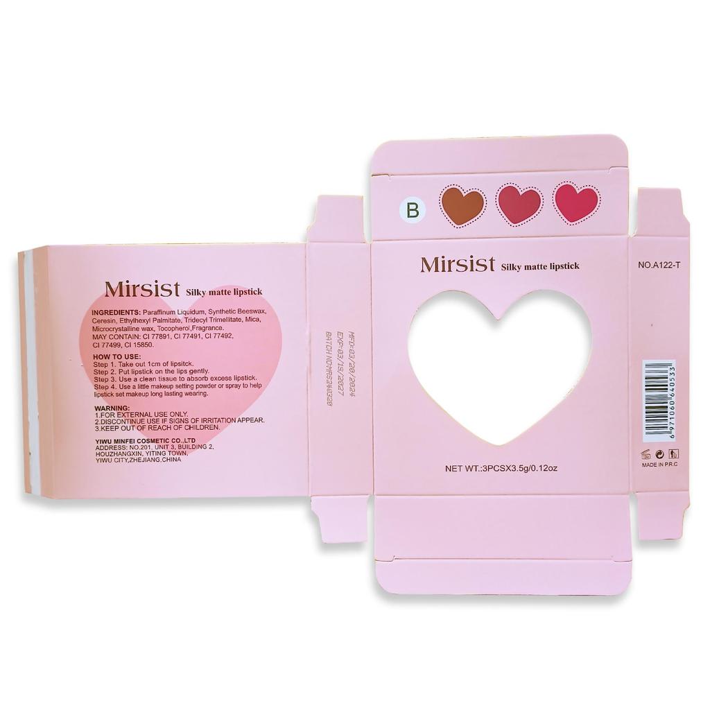Mirsist 3-Piece Matte Lipstick Set: Waterproof, Fade-Resistant, Non-Stick Cup, and Mist Surface Finish.