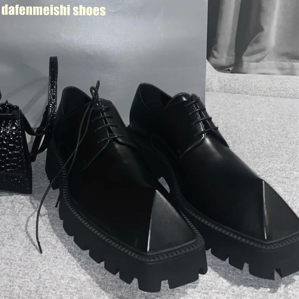 Fashion Rhino Horn Platform Real Leather Shoes for Women Black Lace Up Square Toe Fashion Shoes 2025 New Novelty Derby Shoes