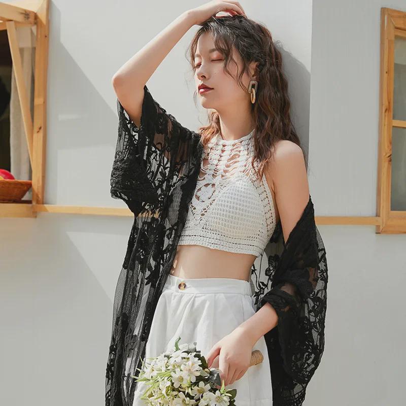 Women's Plus Size Black Lace Hollow-Out Mid-Length Summer Cardigan