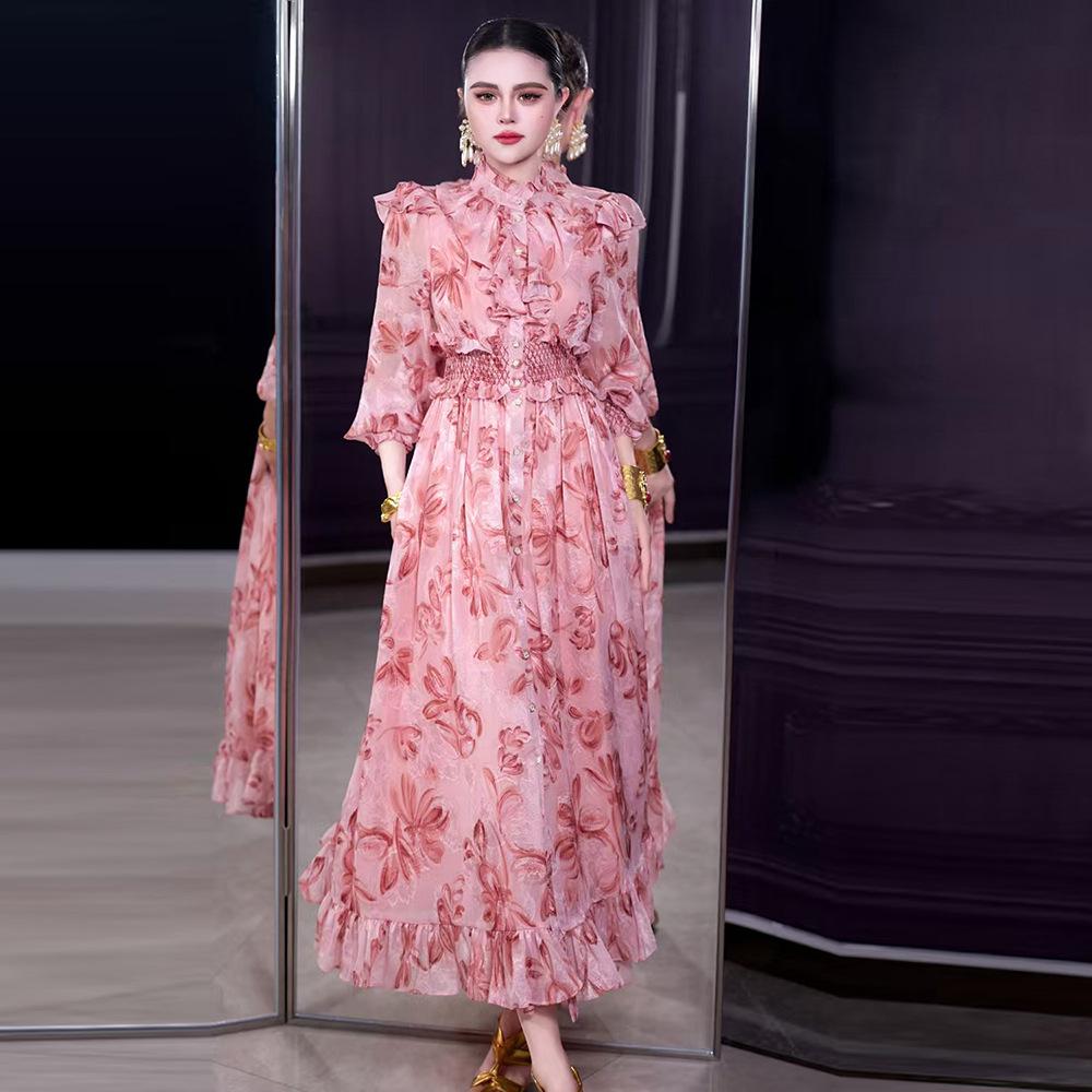 Stand Collar Long Sleeve Ruffle Waist Courtly Light Skirt - Spring 2026 Women's Collection