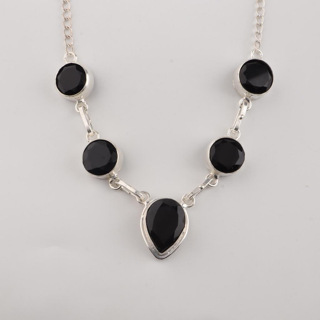 Collana d'Argento con Pietra di Onice Nera 16-18", Gioielli in Argento Sterling 925, Gioielli Mese di Nascita Luglio, Collana da Matrimonio in Onice Per Lei RN-3-22