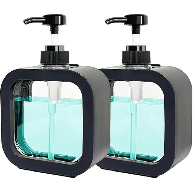 Hand Soap Dispenser for Bathroom, Modern Dish Soap Dispenser for Kitchen Sink, Liquid Soap Container with Pump, Clear Plastic Soap Pump Bottles (2 Black 300ml
