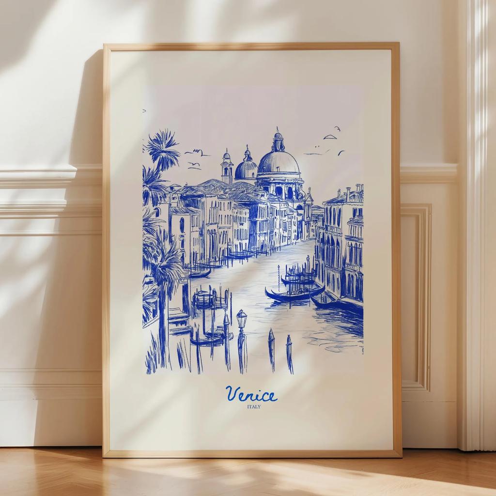 City Travel Poster, Retro Italy Print, Navy Blue Trendy Wall Art, Hand Drawn Sketch, summer beach poster, Home Decor Art