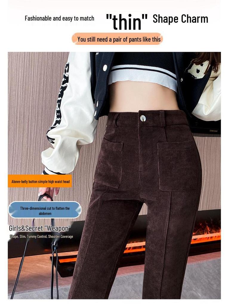 2024 Autumn/Winter High-Waist Corduroy Flared Pants: Plus Velvet, Thickened, Slimming, Casual Korean Style