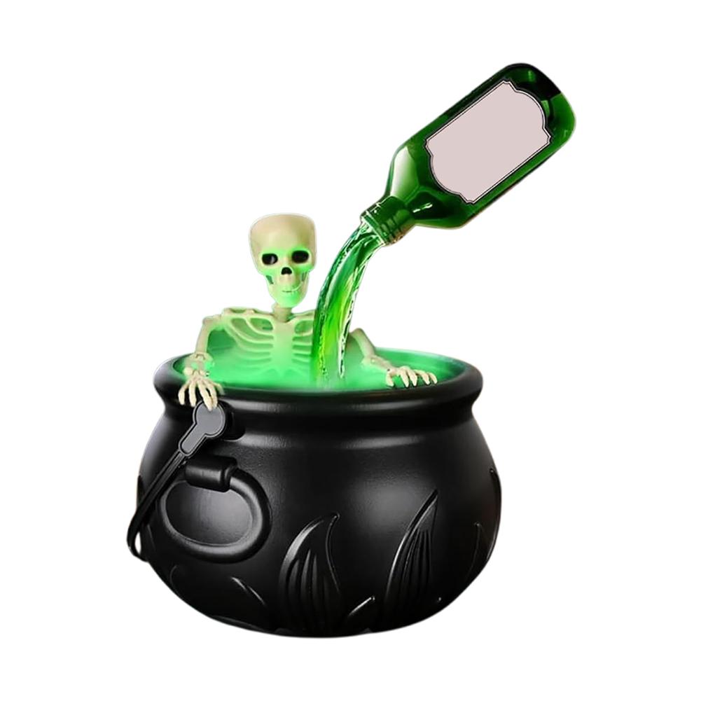 Spooky Witch Mist Maker Cauldron with Floating Bottle, Black Plastic Cauldron & Skeleton Halloween Decor LED Cauldron with Smoke