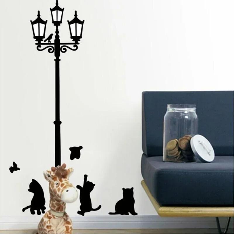 Kreatywny DIY Popularny Lampa w Starym Stylu Kot i Ptak Naklejka Ścienna Kreskówkowy Mural Dekoracja Domu Pokój Naklejka Dziecięca Tapeta