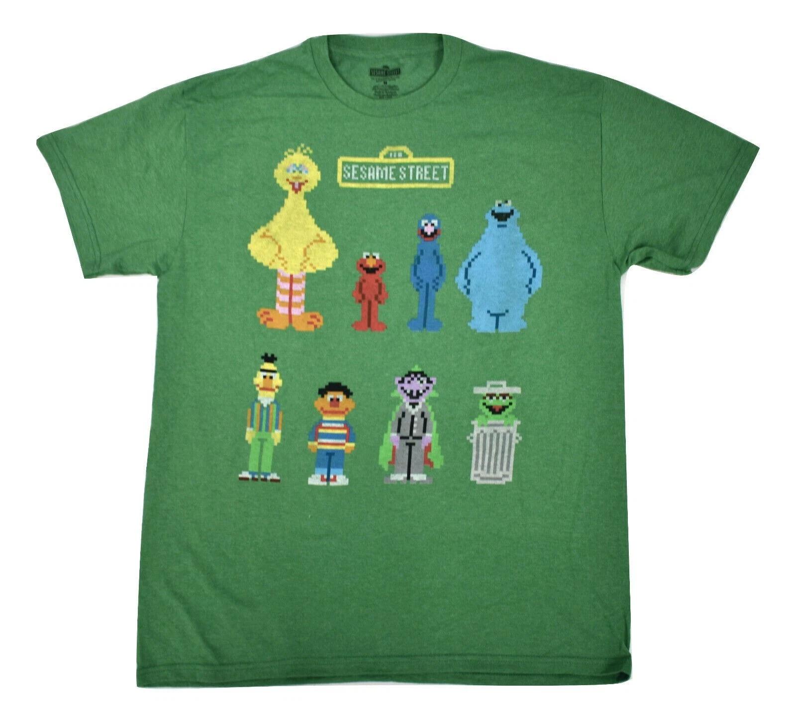 Sesame Street Mens 8-Bit Pixel Graphic Big Bird, Elmo, Grover Green Shirt New L S