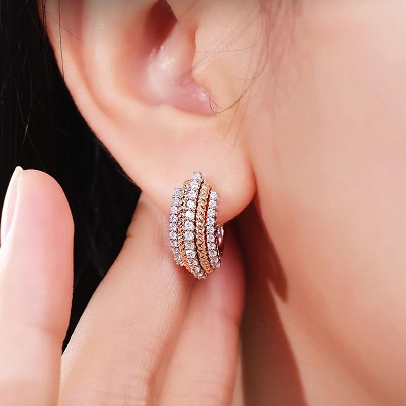 Bi-Color Braided Rope Texture Multi-Row Round Cubic Zirconia Inlaid Wide Hoop Earrings Silver Base Snap Closure Elegant Office Ladies Accessories
