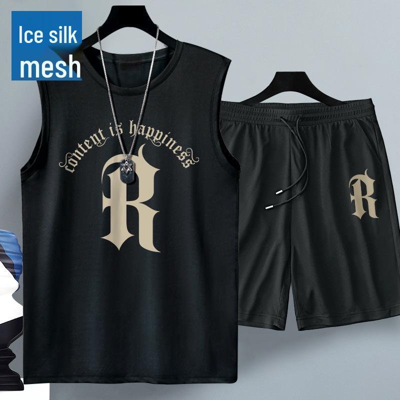 2025 Summer Casual Mesh Sleeveless Men’s Set with Loose Five-Point Shorts - Hong Kong Style