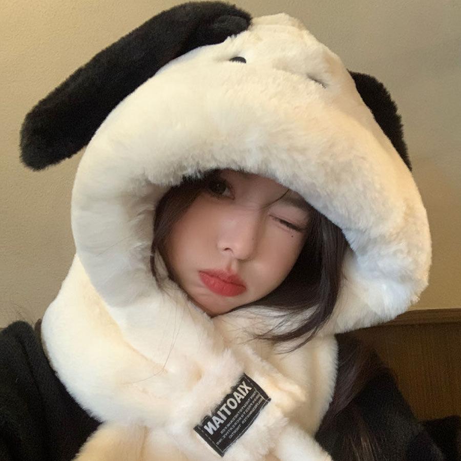 Cute Shiba Inu Long Ear Plush Winter Hat Scarf Set for Girls, Warm Two-Piece Cartoon Outfit