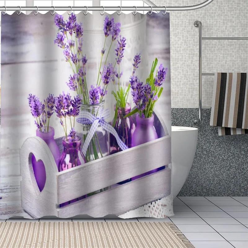 Benutzerdefiniert Schöne lila Lavendelblüten Duschvorhänge DIY Badezimmer Vorhang Stoff Waschbar Polyester für Badewanne Kunst Dekor