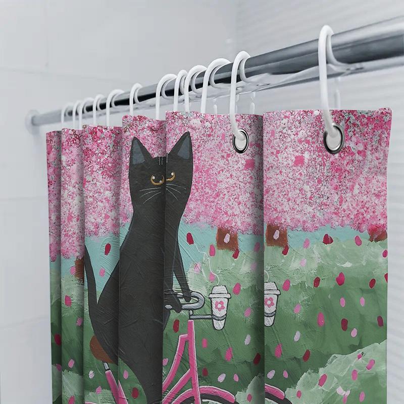 Cat Bicycle Shower Curtain Vintage Cycling Lover Gift Unique Home Decor Artistic Black Kitty Riding Bike Bathroom Fabric