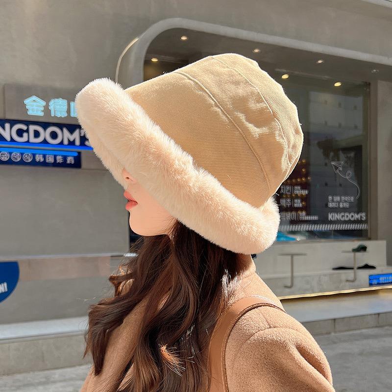 Autumn and winter thickened plush hat women's plush bucket hat curled edge cold-proof elegant windproof warm ear protection Mongolian basin hat